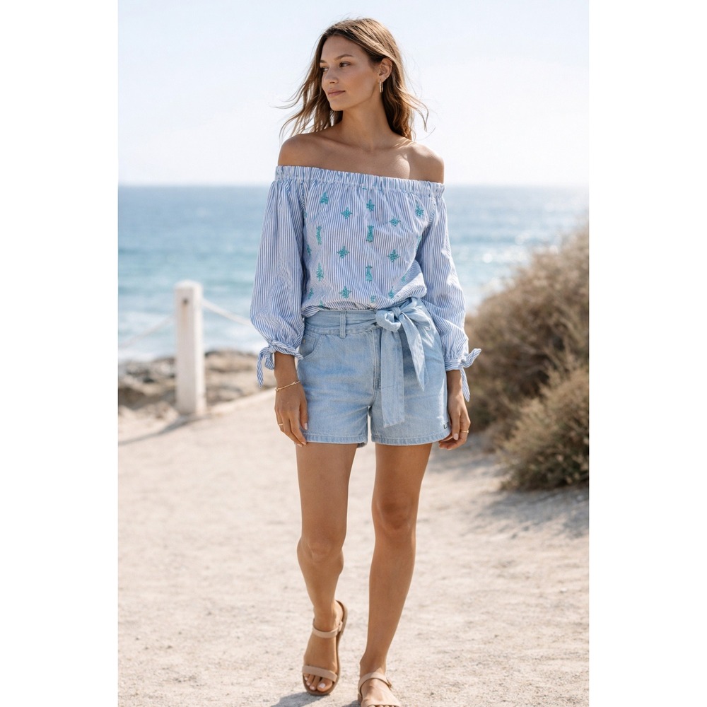 J Crew Off Shoulder Striped Beaded Poplin Blouse Blue White Size 00 NWT